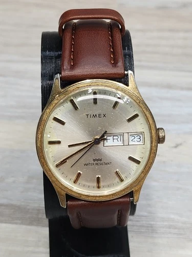 Vintage 70's Timex Marlin Manual Gold Tone, Day/Date, Works, New Band
