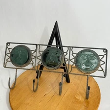 Vintage MCM Celestial Sun Moon God Face Art Glass, Rustic Metal Wall Coat 4-Hook
