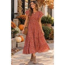 Old Navy Women's Medium Rust Floral Smocked Flutter Sleeve Tiered Midi Dress