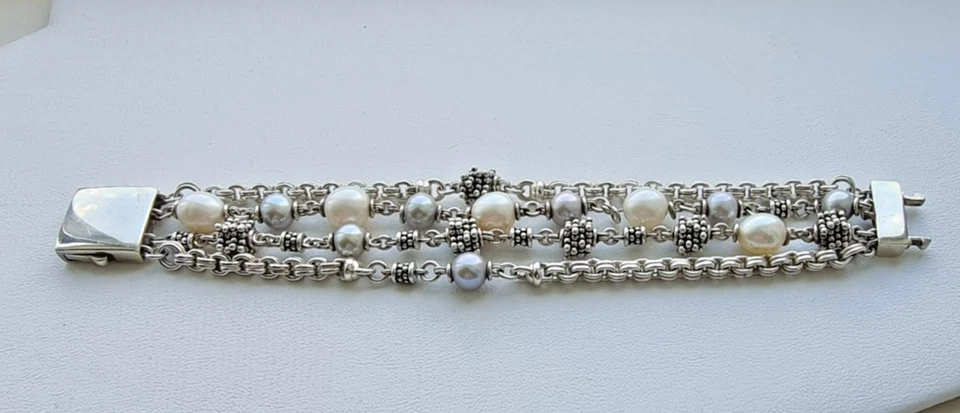MICHAEL DAWKINS 925 STERLING SILVER WHITE AND GRAY PEARL 4 CHAIN BRACELET 72.9 g - Image 2 of 4