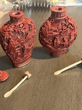 2 Chinese cinnabar lacquer snuff bottles intricate hand-carved landscape scenes