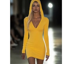 Women's Yellow V Neck Long Sleeve Hooded Mini Dress XXL