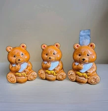 Vtg Three Teddy Bears Salt & Pepper Shakers w/Matching Toothpick Holder. Japan