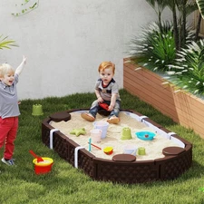 Qaba Oval Kids Sandbox with Cover, 4 Seats, Bottom Liner, Brown