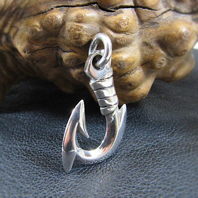 Solid 925 Sterling Silver Chunky 3D Fisherman's Hook Pendant - Fish Hook Charm