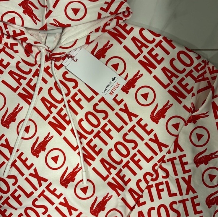 Lacoste x Netflix Men's Loose Fit All Over Pullover Hoodie Red