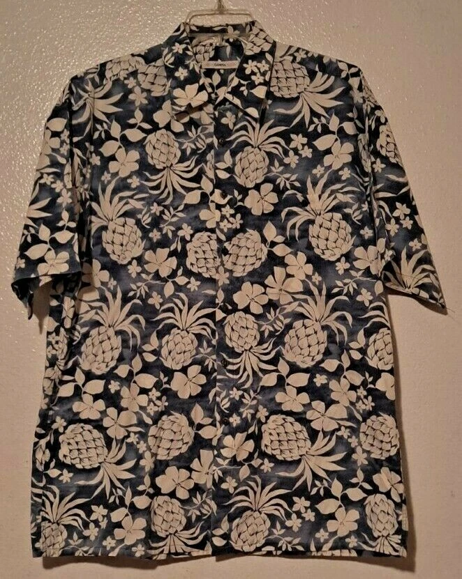 Moda Campia Moda Men's Size Large (L) Hawaiian Aloha Shirt Blue White Flowers