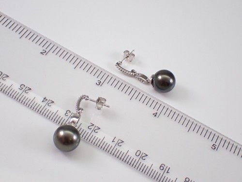 Black Tahitian Pearl and Diamond Dangle Earrings 14K White Gold Jewelry Gift - Picture 4 of 5