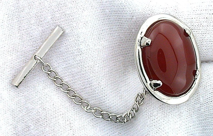 CARNELIAN AGATE 18x13 3/4 x 1/2 INCH OVAL GEMSTONE GEM CAB SILVER COLOR TIE TACK - Image 2 of 2