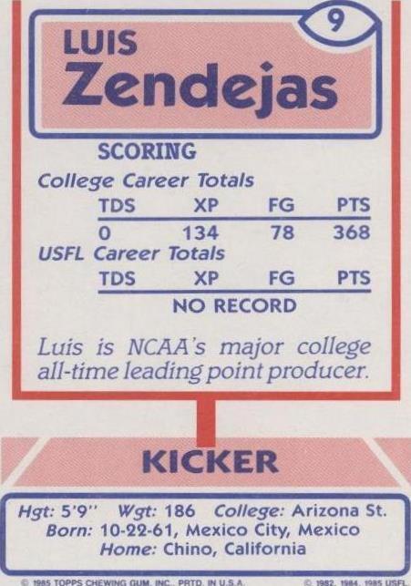 1985 Topps USFL Luis Zendejas #9 for sale | eBay 1985 Topps USFL Luis Zendejas #9 for sale | eBay