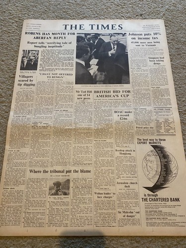 The Times Zeitung 4. August 1967 Aberfan Katastrophe ORIGINAL und KOMPLETT