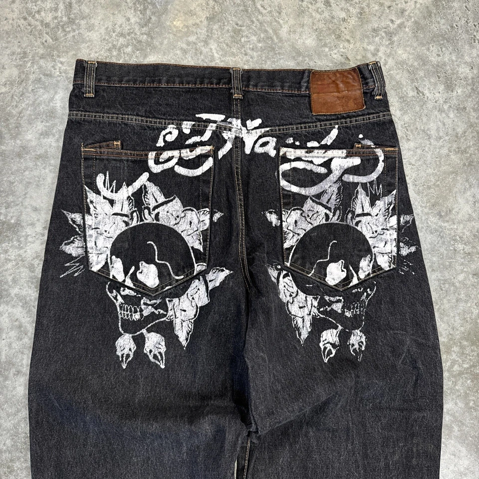 Vintage Ed Hardy Jeans Mens 40 Y2K Grunge Skulls Skater Wide Leg Baggy Black - Image 3 of 4