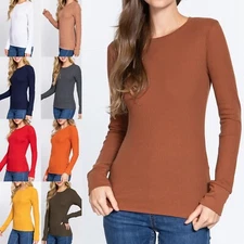 Women Crew Neck Long Sleeve Soft Thermal Shirt Cotton Waffle Knit Layering Top