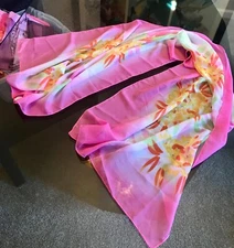 New Polyester Scarf-Pink with Yellow/Orange Flowers/Green Leaf Accents 20"x60"