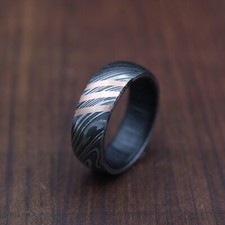 Damascus Steel Ring with Copper Inlay  Handmade Men  s Wedding Band Black Patern