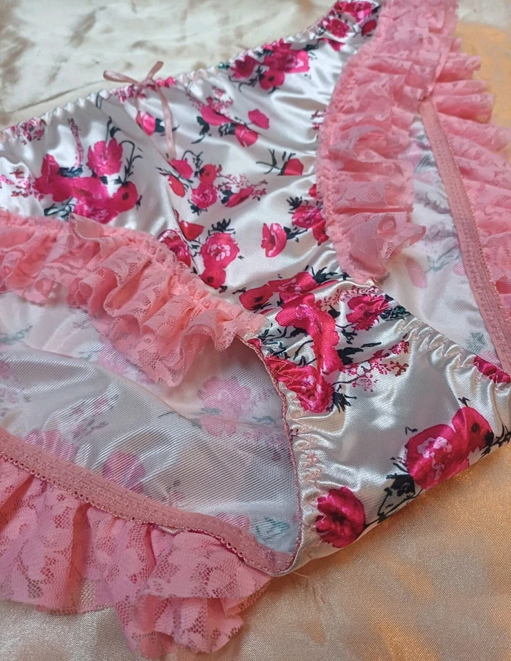 Girly Floral Glossy Satin Ruffle Panties Knickers Full Bum Sissy CD TV L 12-14 - Image 3 of 4
