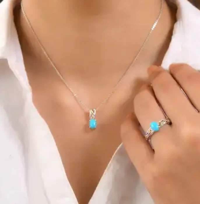 Anillo y collar turquesa de la Bella Durmiente en platino con detalles de oro de ley talla 9 Foto 4 de 4