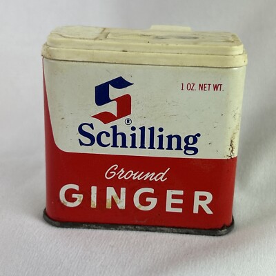 Schilling Ground Ginger Tin 1 oz Empty Plastic Top Uses For On Back Vintage