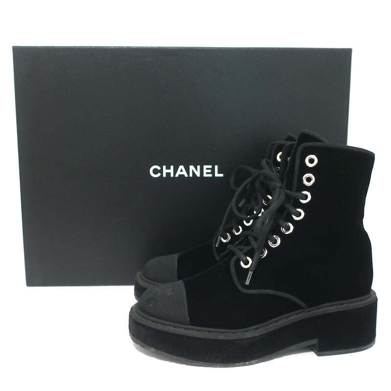 Chanel 17B CC Cap Toe Combat Boots Black Velvet Size 37.5 Chanel 17B CC Cap Toe Combat Boots Black Velvet Size 37.5