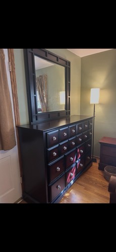 Cherry Wood Bedroom Set: Bedframe, Dresser with 8 Drawers, Mirror, Full Mattress