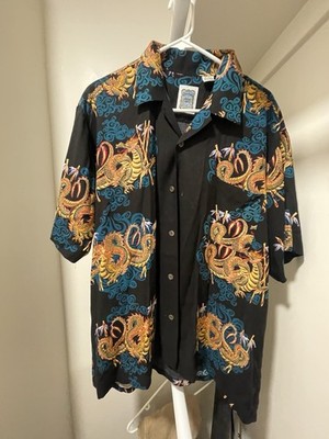 Ocean Current Button-Front Dragon Print Shirt Black Rayon Short Sleeve M
