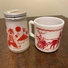 RESERVED Bartlett Collin’s Clown Shaker/vintage hazel Atlas Milk Glass Clown Mug