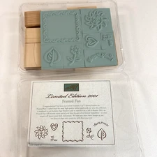 Stampin' Up Vintage 2000 Framed Fun Wood Mounted Rubber Stamp 7pc Sun Leaf