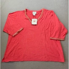 The Quacker Factory Beaded V Neck 3X Coral 3/4 Sleeve Sweater Top NWT.