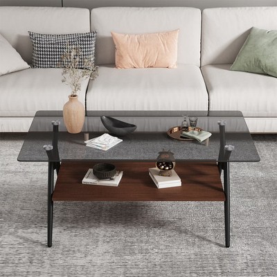 Glass Coffee Table, 38.6'' Modern Coffee Table with Tempered Glass  and Metal
