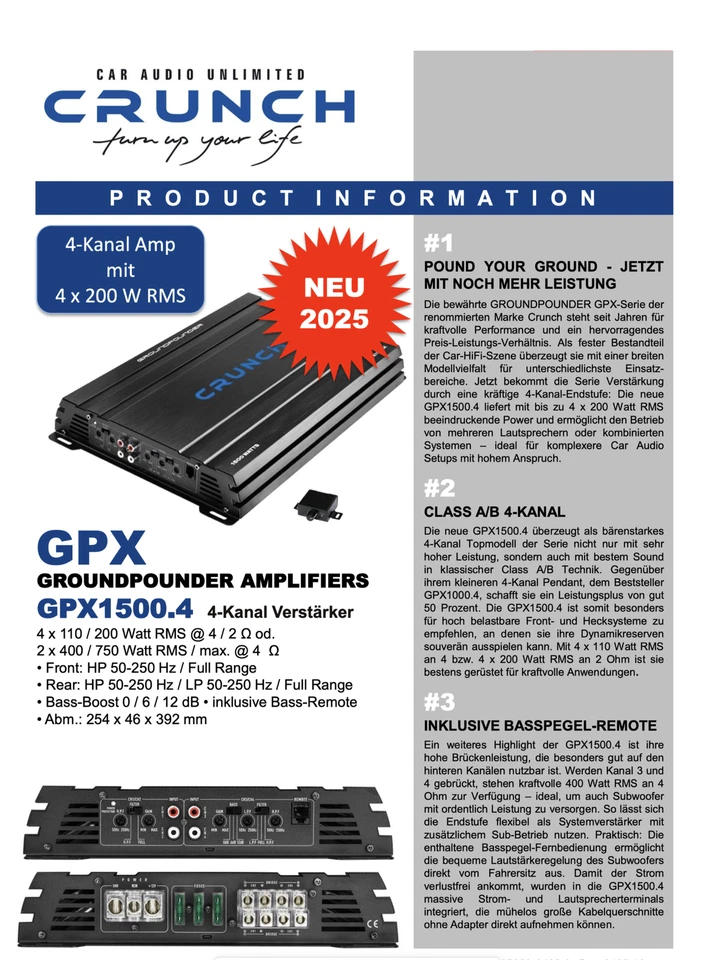 Crunch GPX1500.4 4-Kanal Digital Verstärker 1500 Watt + Basspegel Fernbedienung - Bild 4 von 4