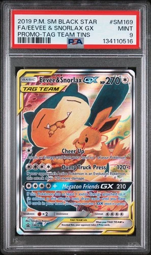2019 POKEMON SM BLACK STAR PROMO TAG TEAM TINS FULL ART/EEVEE & SNORLAX GX PSA 9