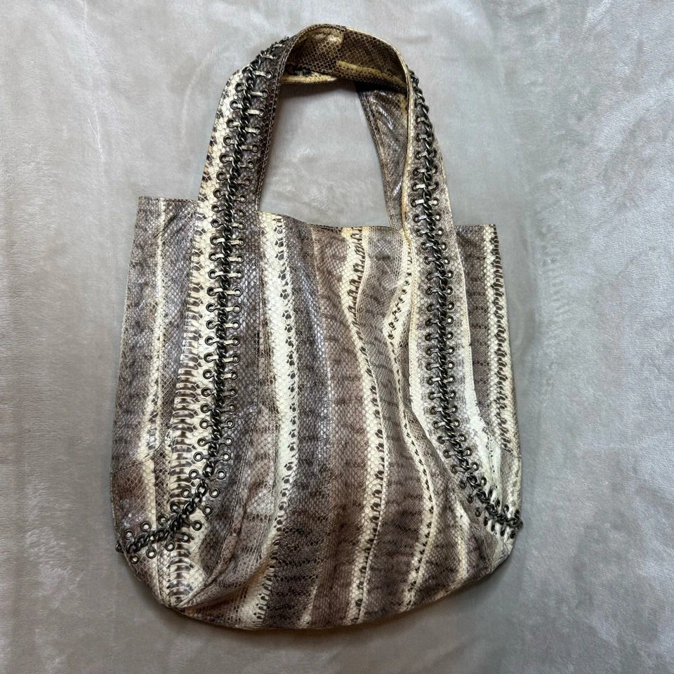 Beirn Snakeskin Double Handle Hobo Tote Bag Neutral Cream with chain - Image 2 of 4