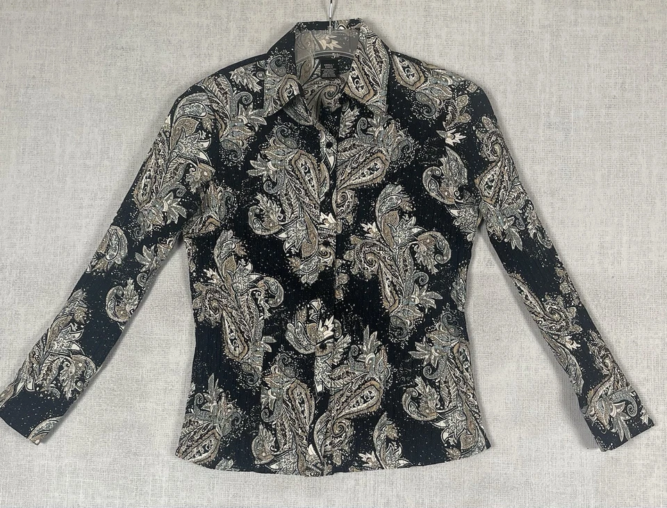 East 5 рубашка S черный пейсли кнопка спереди блузка эластичной длинным рукавом с воротником - Изображение 2 из 4
