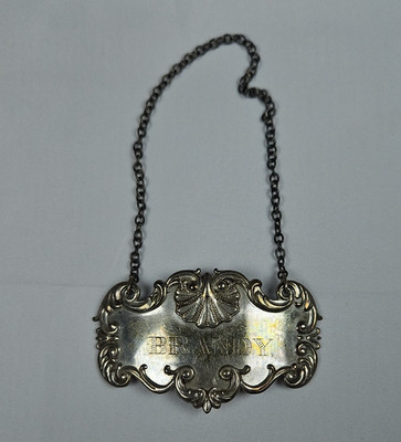 Sterling Silver 925 Antique Victorian Repousse Seashell ''Brandy'' Decanter Tag