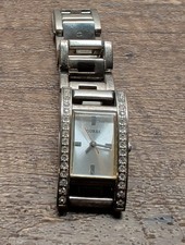 Guess Women's Silver Tone Rectangular Crystal Accent Bangle Bracelet Watch