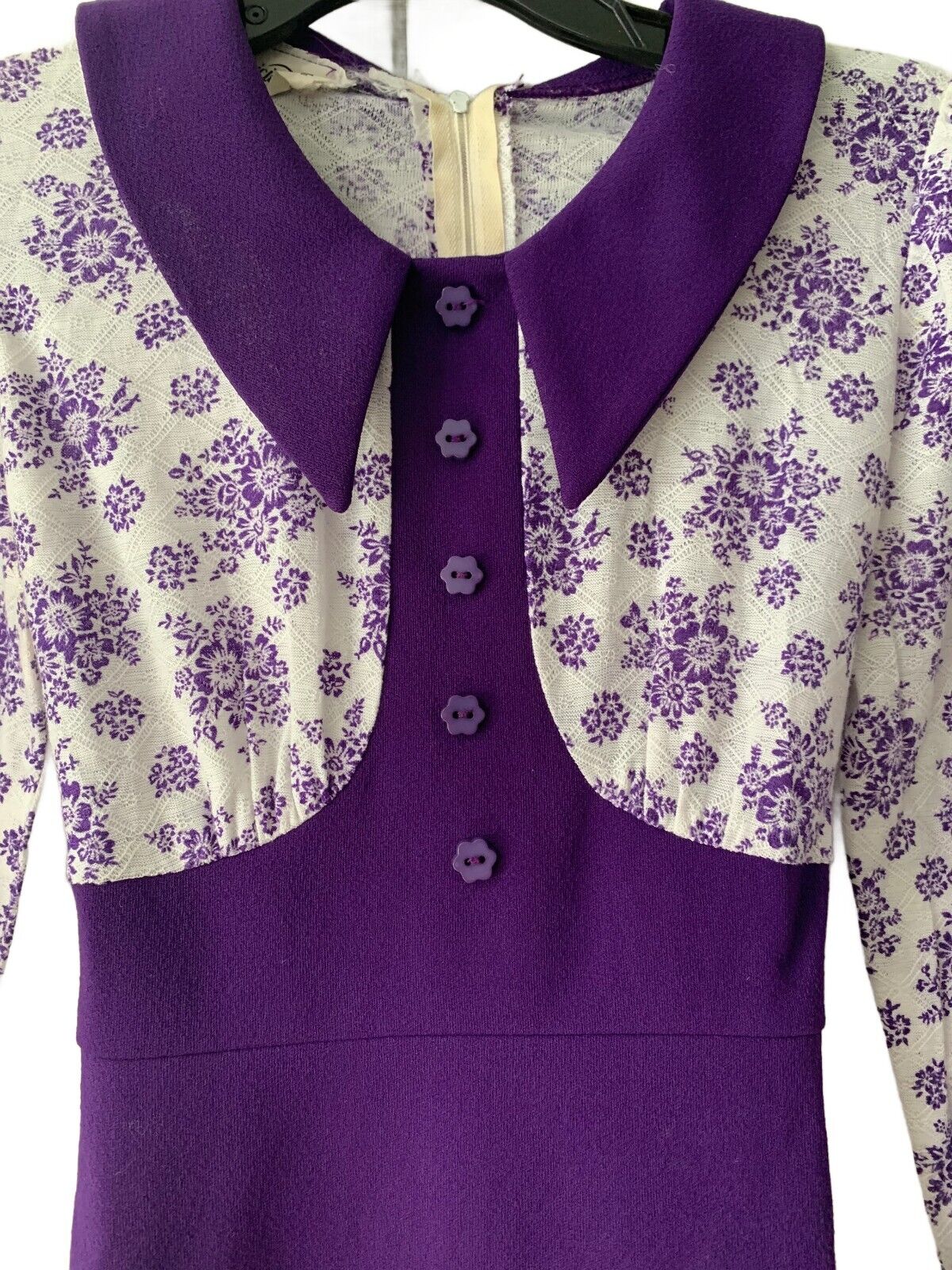 S Vtg 70s MOD Purple Long Sleeve Floral Colorbloc… - image 12