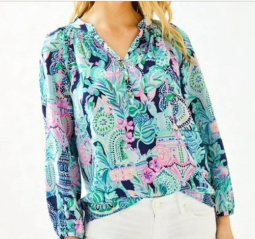 Top Lilly Pulitzer Elsa 100 % seda talla XXS azul rosa lookin estampado nítido Resort - Imagen 2 de 12