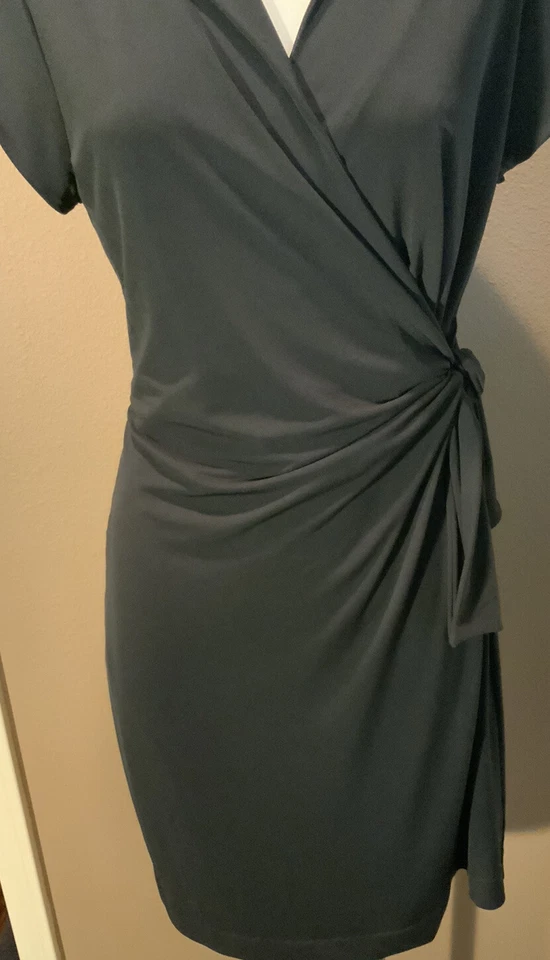 New York & Company XL Black Short Sleeve Attached Wrap V Neck Dress - Image 3 of 4