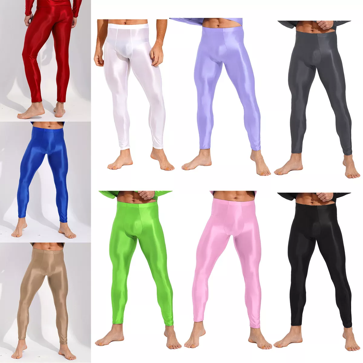 Men's Leggings Shiny Glossy Skinny Yoga Running Gym Fitness Workout Sport  Pants