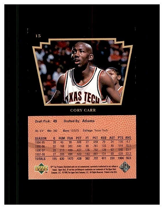 1998 SP Top Prospects #15 Cory Carr Texas Tech STAR  Atlanta Hawks MINT - Image 2 of 2