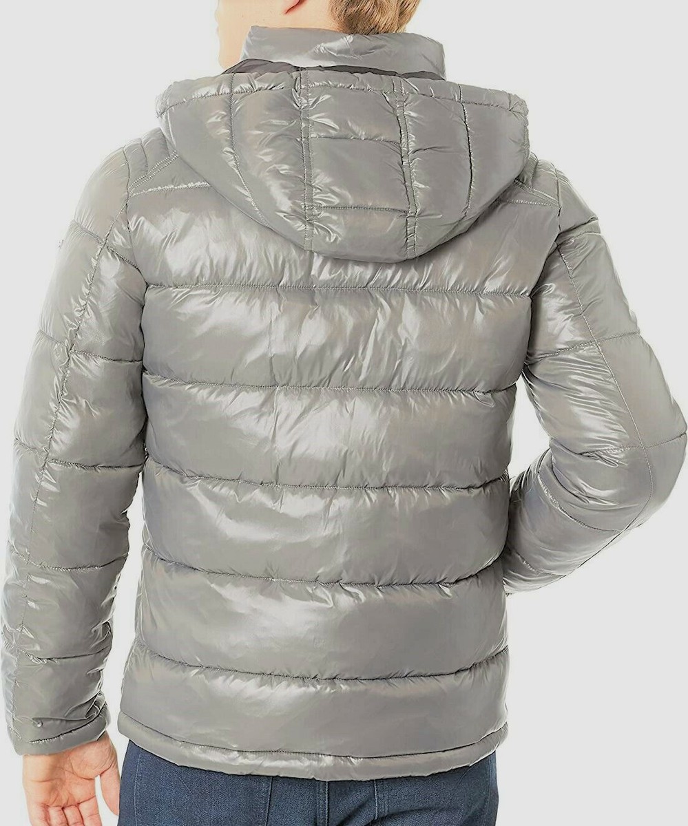 $225 Guess Men Silver Gray Hood Puffer Water/Wind-Resistant