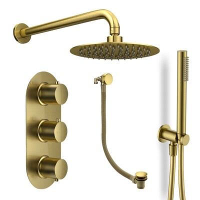 Gebürstetes Messing Rund Dreifach Unterputz Therm Dusche Mischventil Kit - 3 Ausgänge