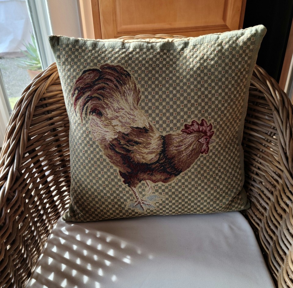 Pair Vintage French Tapestry Pillow Covers Rooster And Hen, J. Pansu