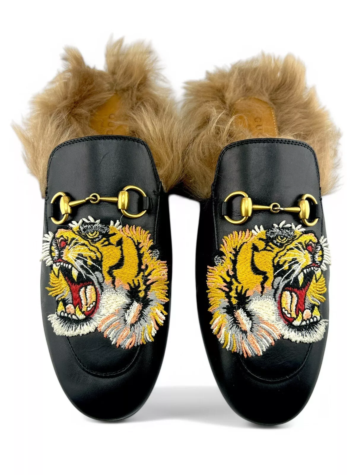 Mocassins Gucci noir Princetown cuir tigre fourrure peau de mouton slide mule taille 37