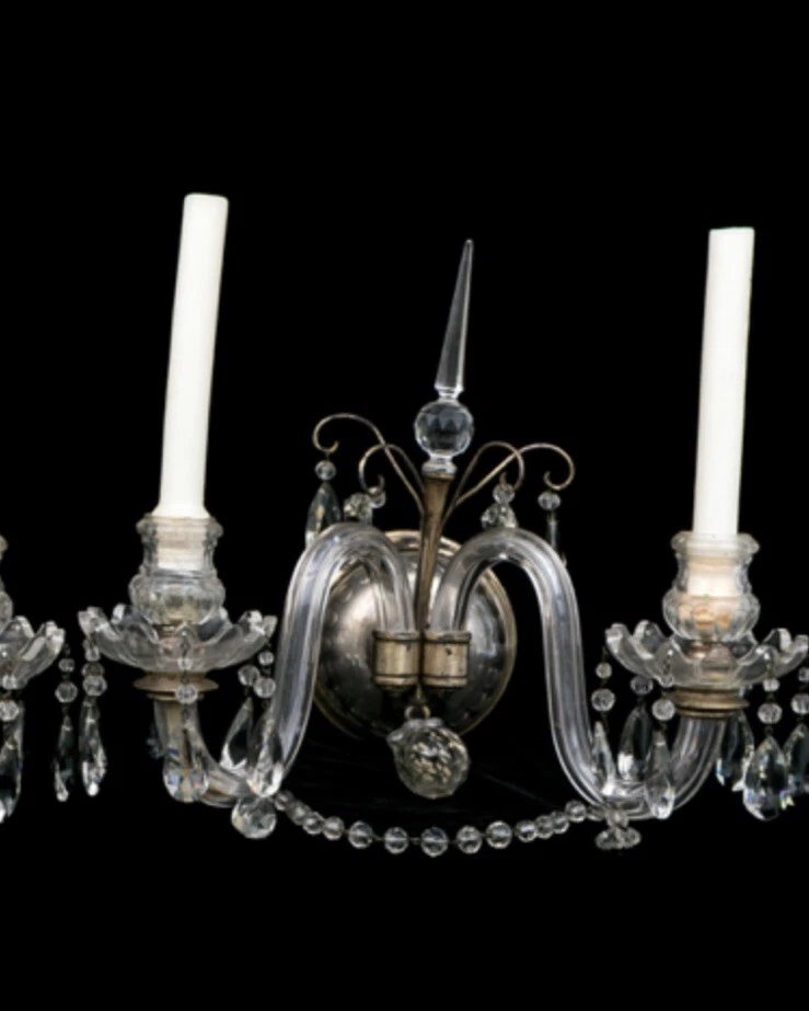 PAR DE APLIQUES ANTIGUOS DE VIDRIO TALLADO ANGLO IRLANDÉS PLACA DE PLATA CALIDAD CALDWELL Foto 3 de 4