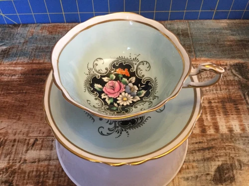 Paragon Double warrant Black and blue gold trim cabbage rose cup & saucer A53