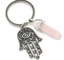 Hamsa Evil Eye Gemstone Rose Quartz Keyring Key Ring Chain Hand Mati Stone
