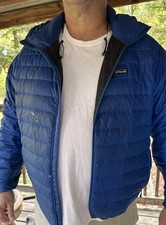 XL blue Patagonia Down Sweater Hoody RN 51884 BROKE ZIPPER-STAINS