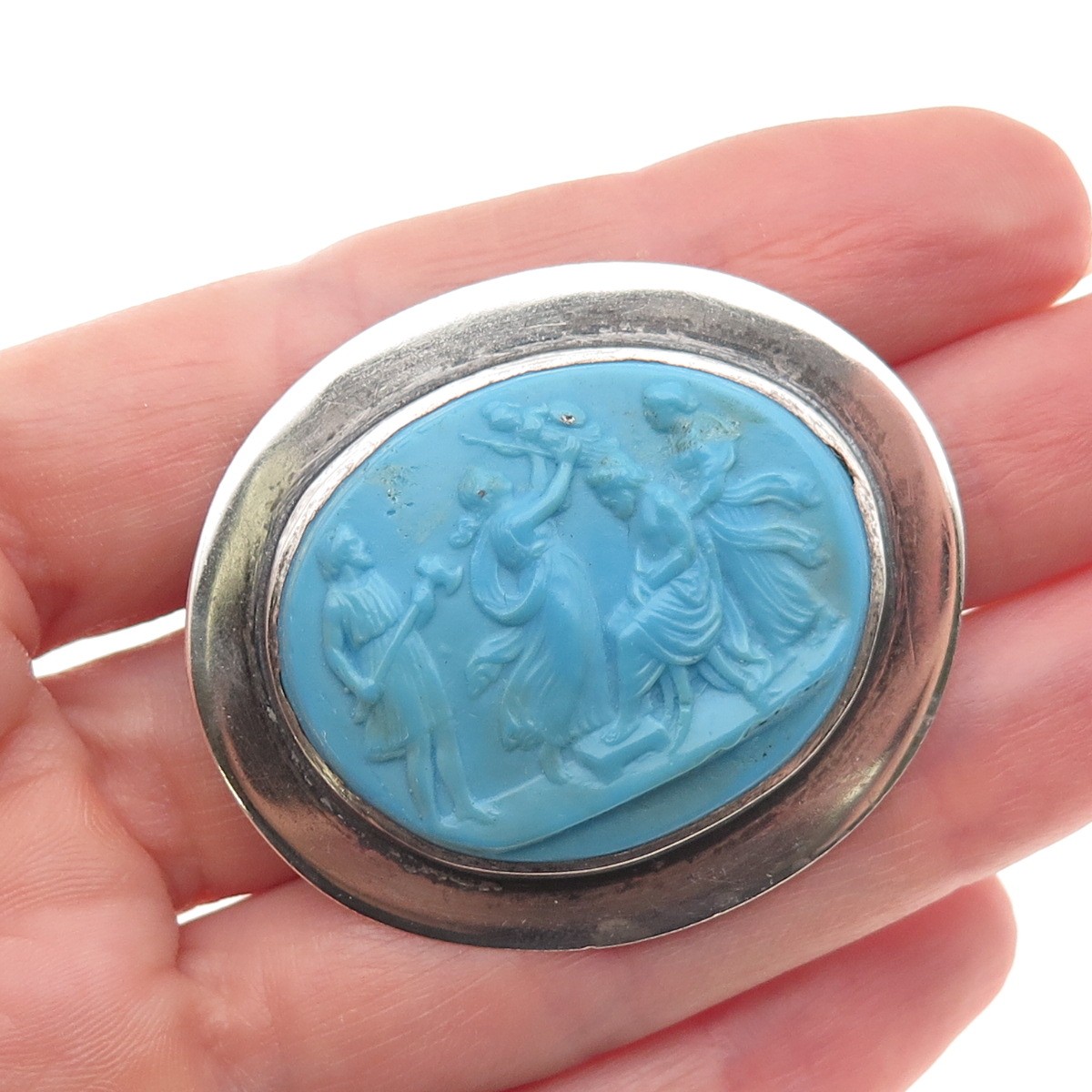 Native Crafts Sterling Silver Antique Art Deco Ceramic Greek Scene Pin Brooch
