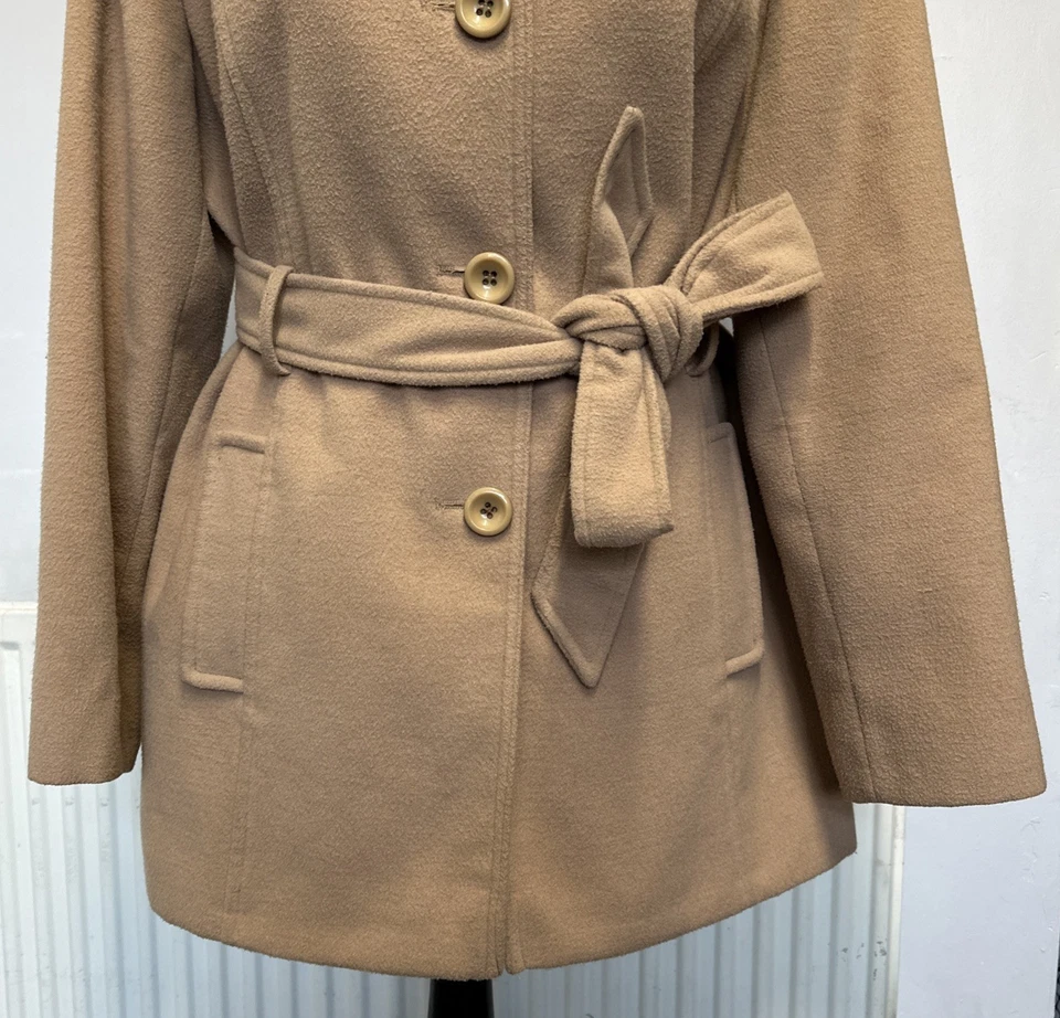 KESTA LONDON CAMEL BEIGE BELTED COAT LADIES SIDE POCKETS WORK OFFICE JACKET 14 - Image 3 of 4